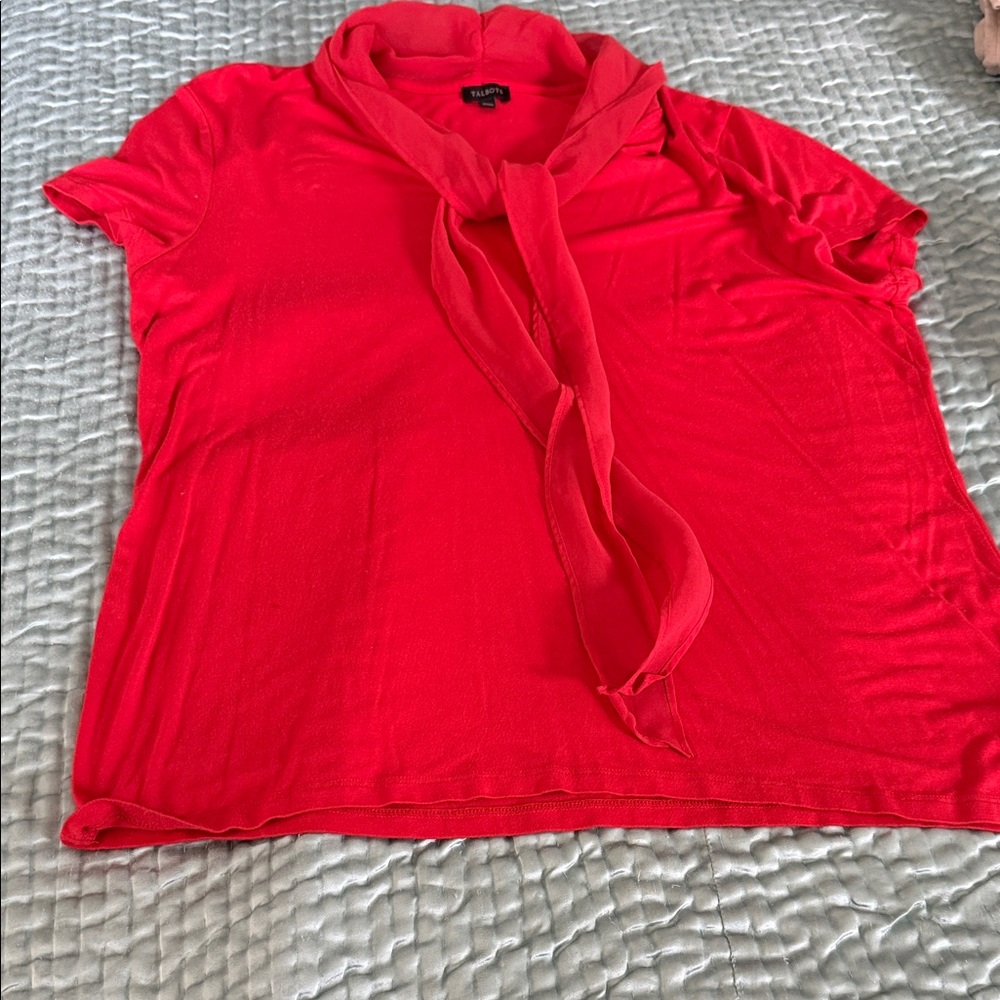 Talbots Vivid Red Short Sleeve Tie-Neck Blouse